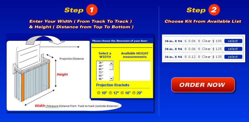 2 Easy Steps to configure your stand off strip door kit.  Step 1 - Enter your width (from track to track) and height (distance from top to bottom).  Step 2 - Choose strip door kit from available list.